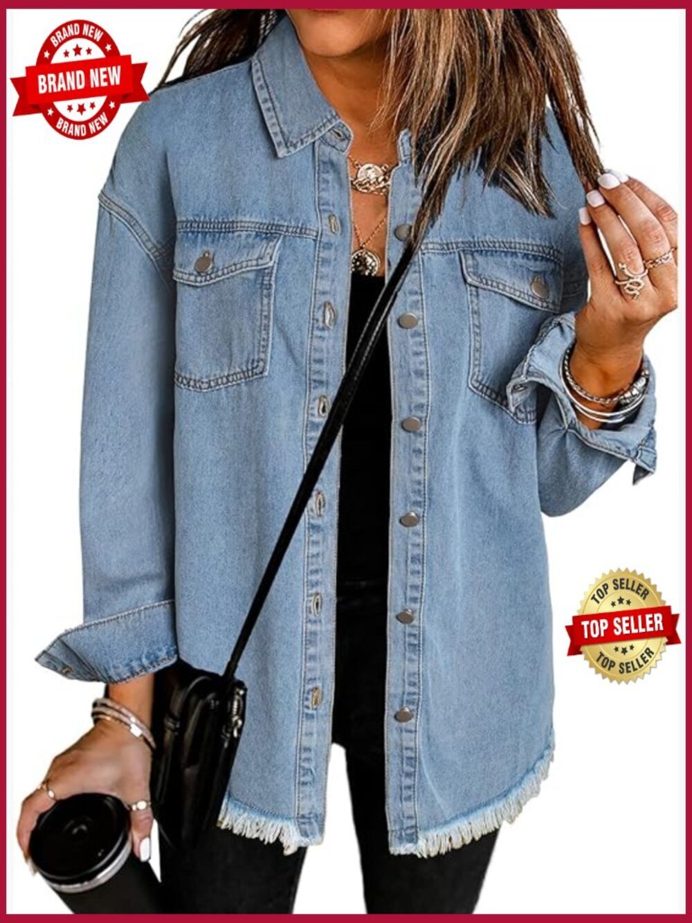 Oversized Long Sleeve Distressed Denim Jacket Button Front